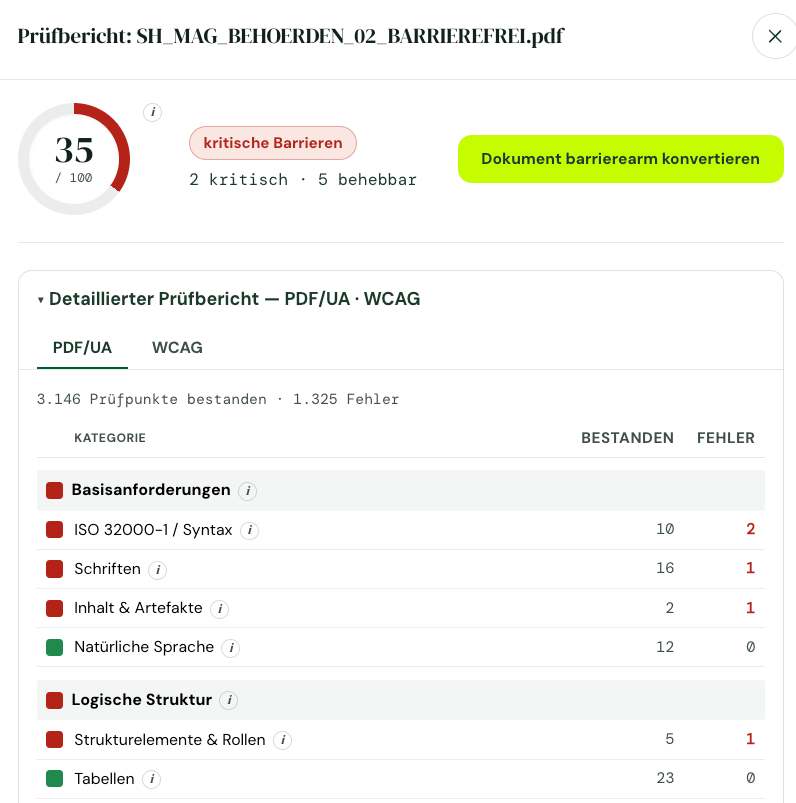 Access-Read-Prüfbericht: kategorisierte PDF/UA- und WCAG-Matrix mit bestandenen Prüfpunkten und Fehlern je Regel