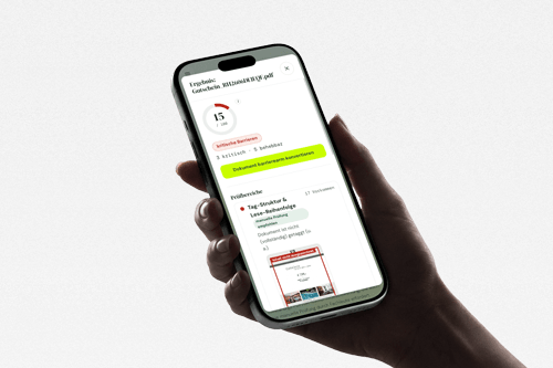 Access Read auf dem Smartphone: ein geprüftes PDF mit Index und Befunden, in der Hand gehalten